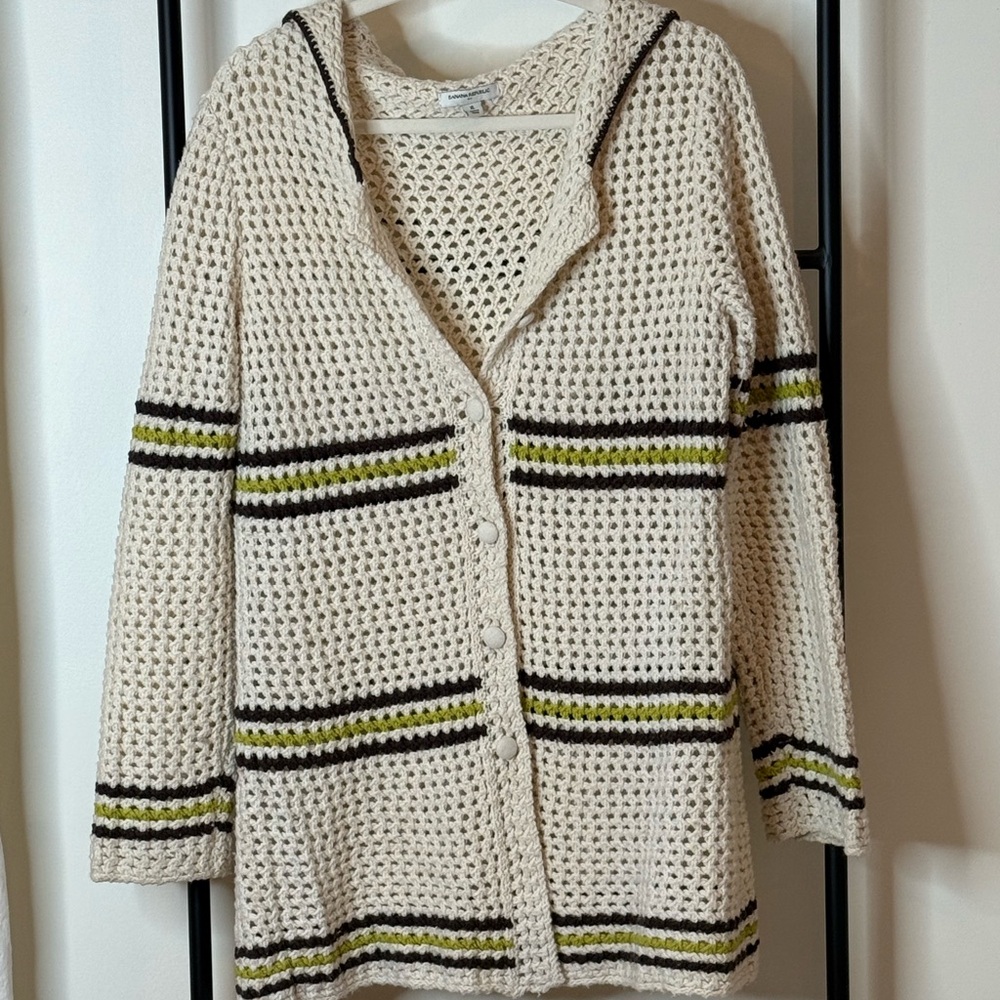 Vintage Banana Republic Cream Cardigan with Brown and Green Stripes